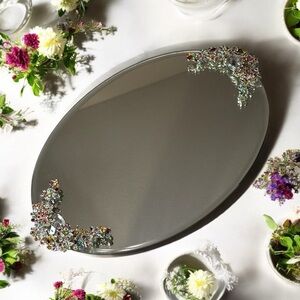 Mirror Vanity Bathroom Perfume Makeup Display Tray Butterfly Jeweled Floral